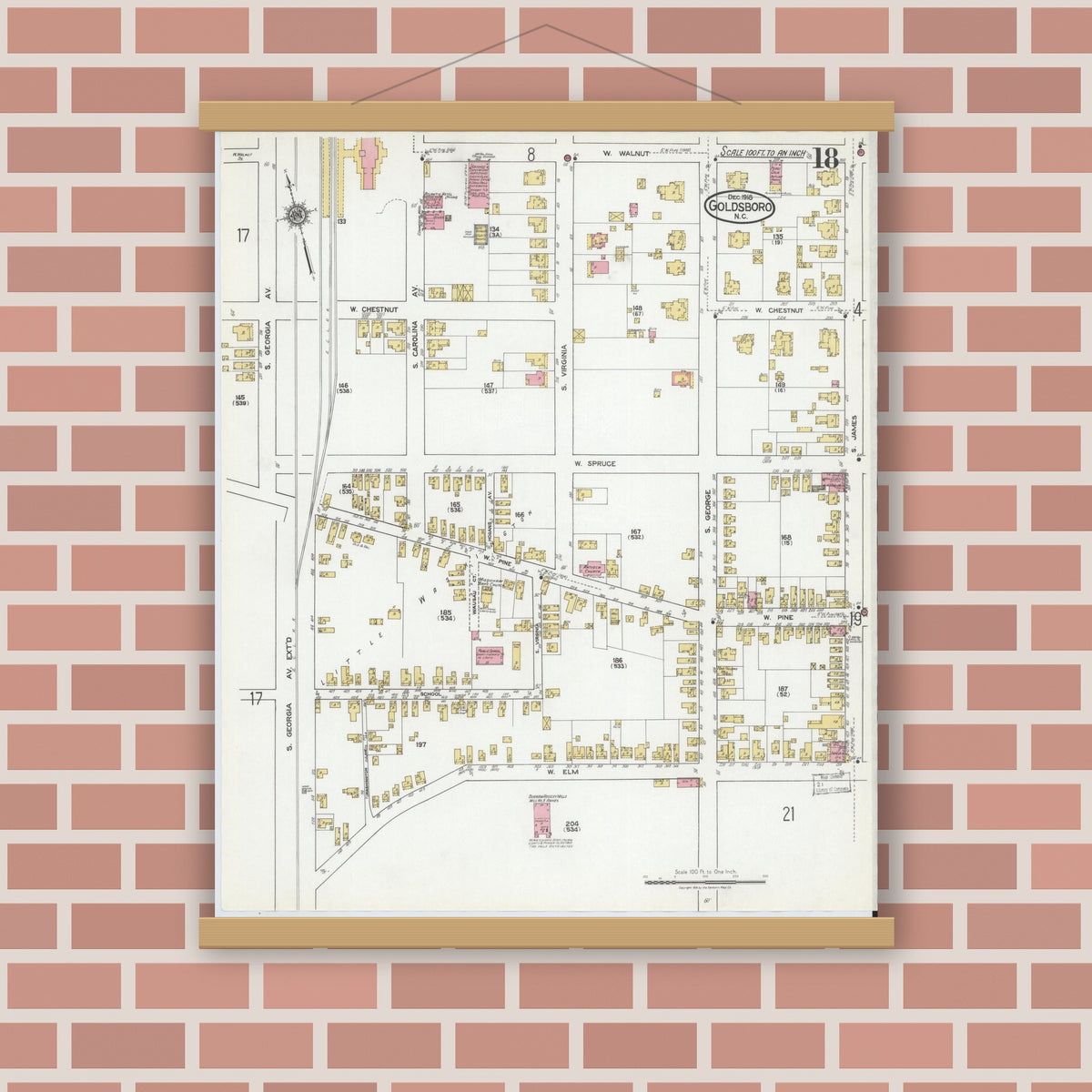 Old map wall art mockup — magnetic wood frame on brick wall — Sanborn Fire Insurance Map from Goldsboro, Wayne County, North Carolina (1918), Sheet #0018