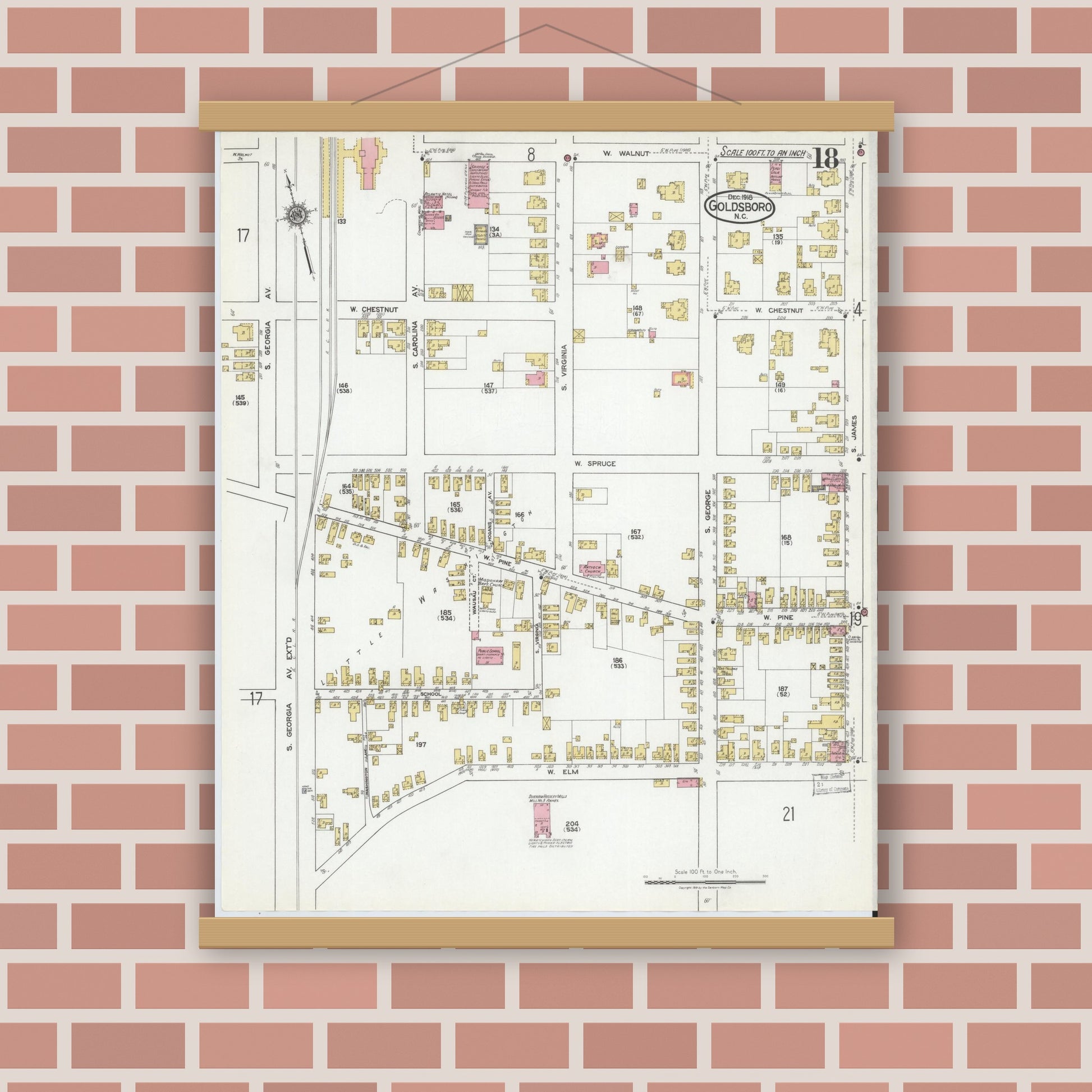 Old map wall art mockup — magnetic wood frame on brick wall — Sanborn Fire Insurance Map from Goldsboro, Wayne County, North Carolina (1918), Sheet #0018