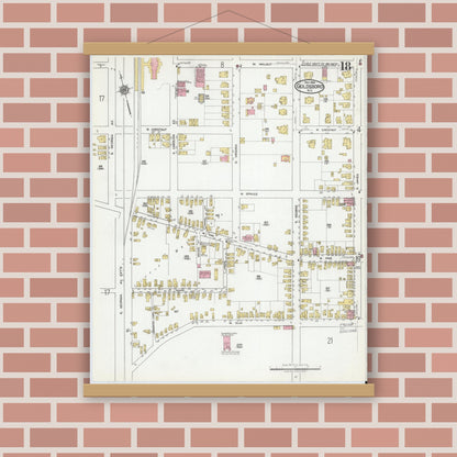 Old map wall art mockup — magnetic wood frame on brick wall — Sanborn Fire Insurance Map from Goldsboro, Wayne County, North Carolina (1918), Sheet #0018
