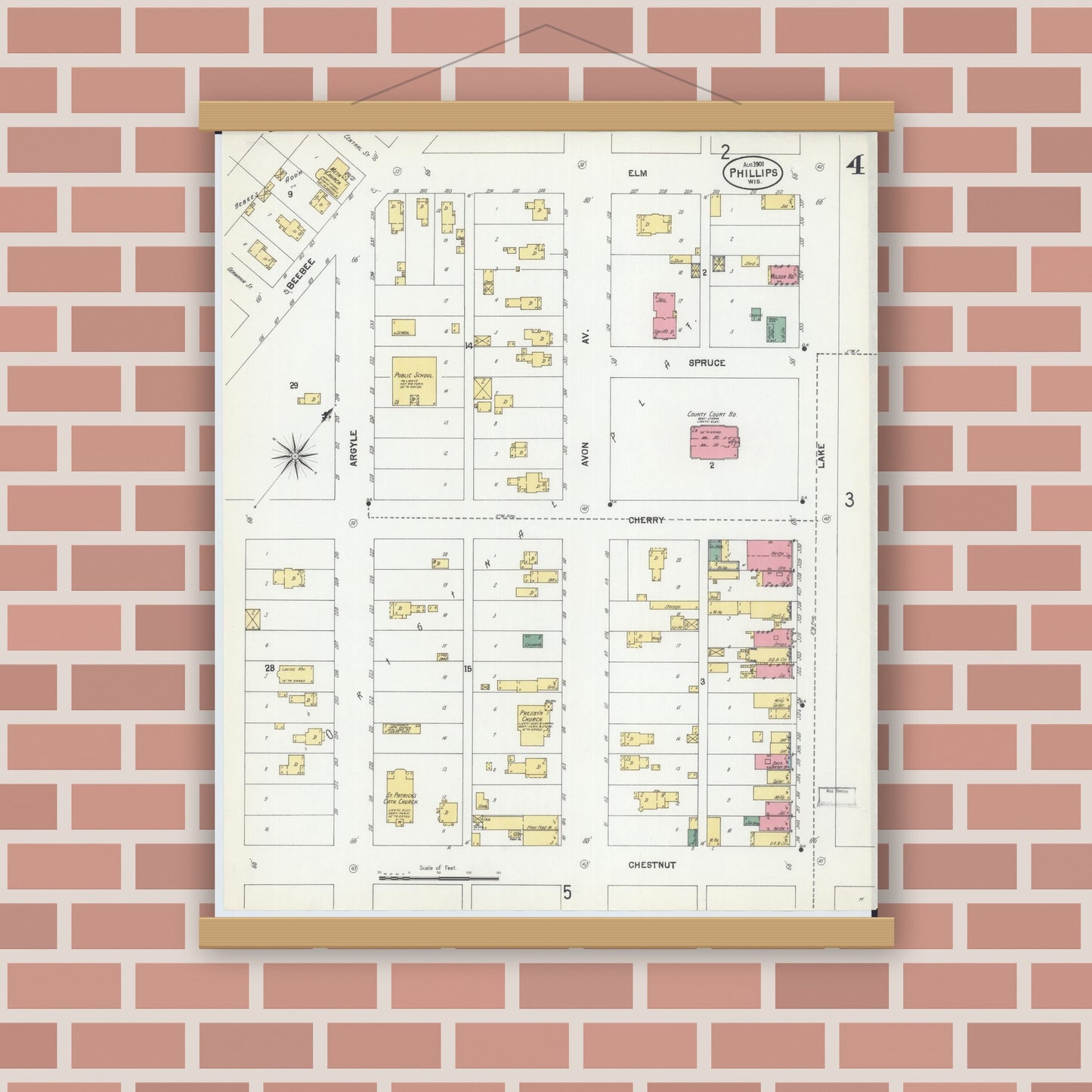 Old map wall art mockup — magnetic wood frame on brick wall — Sanborn Fire Insurance Map from Phillips, Price County, Wisconsin (1901), Sheet #0004