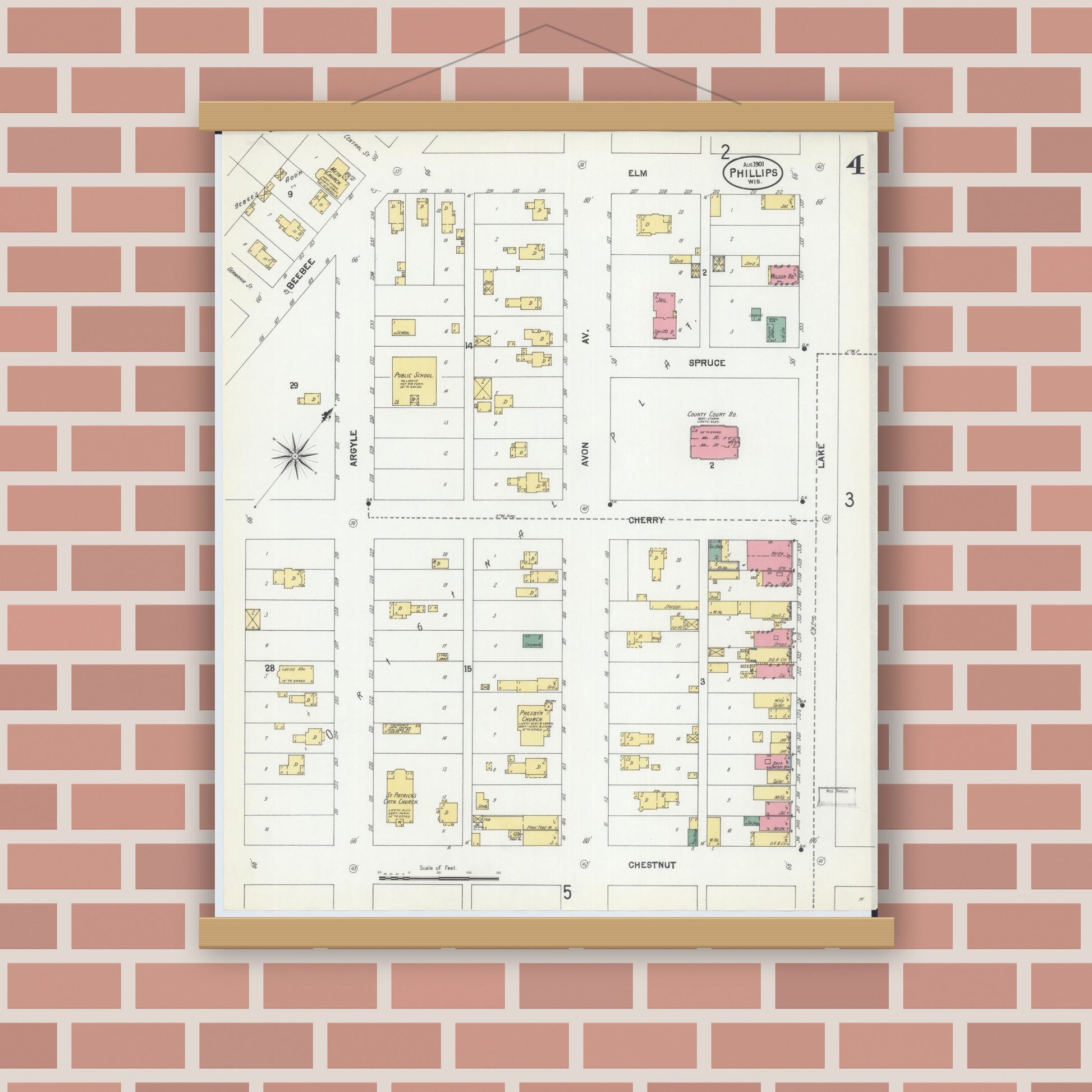 Old map wall art mockup — magnetic wood frame on brick wall — Sanborn Fire Insurance Map from Phillips, Price County, Wisconsin (1901), Sheet #0004