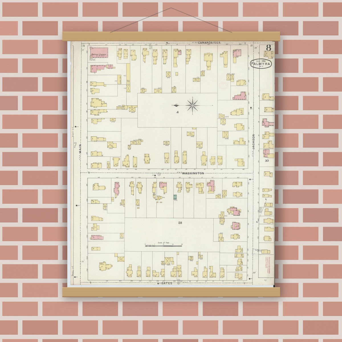 Old map wall art mockup — magnetic wood frame on brick wall — Sanborn Fire Insurance Map from Palmyra, Wayne County, New York (1894), Sheet #0008