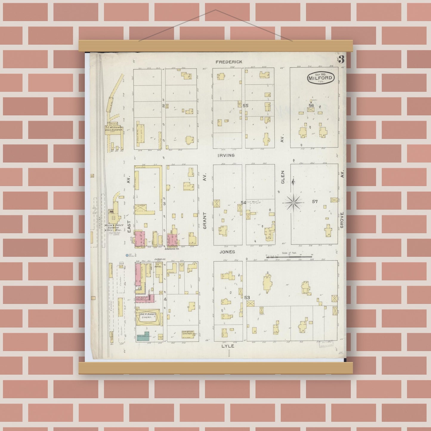 Old map wall art mockup — magnetic wood frame on brick wall — Sanborn Fire Insurance Map from Milford, Iroquois County, Illinois (1893), Sheet #0003