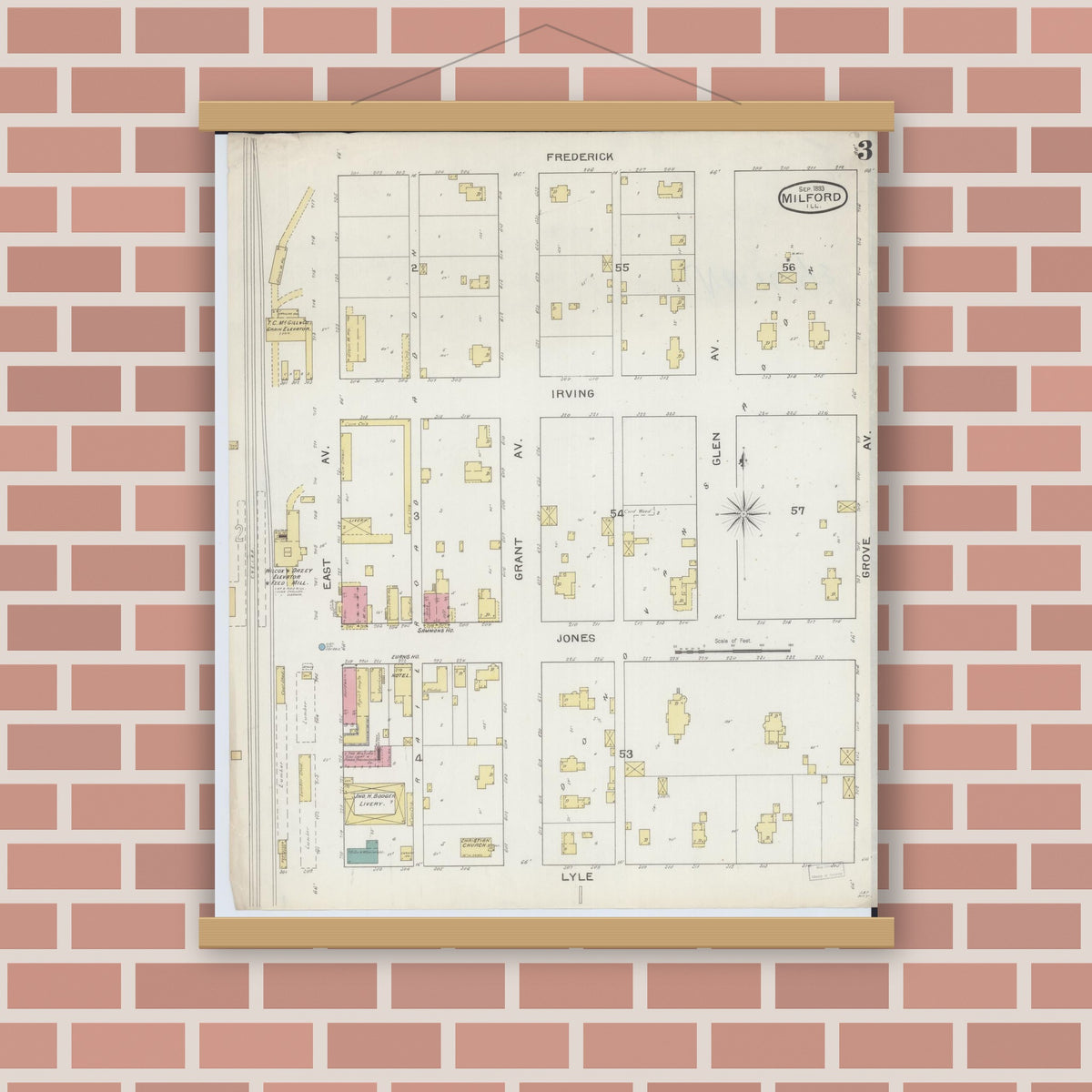 Old map wall art mockup — magnetic wood frame on brick wall — Sanborn Fire Insurance Map from Milford, Iroquois County, Illinois (1893), Sheet #0003
