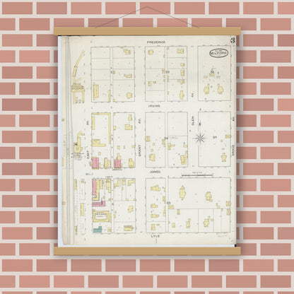 Old map wall art mockup — magnetic wood frame on brick wall — Sanborn Fire Insurance Map from Milford, Iroquois County, Illinois (1893), Sheet #0003