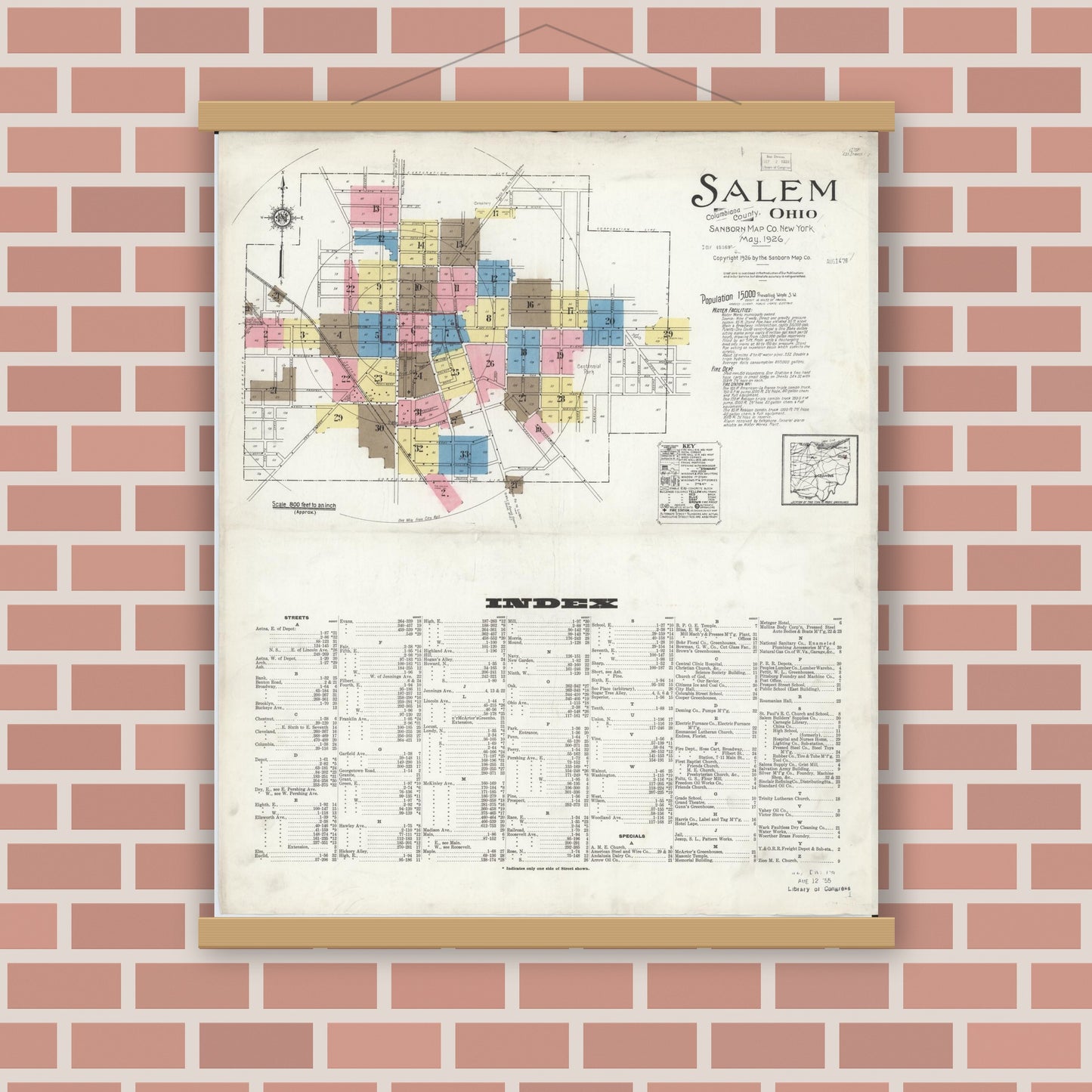 Old map wall art mockup — magnetic wood frame on brick wall — Sanborn Fire Insurance Map from Salem, Columbiana County, Ohio (1926), Sheet #0001