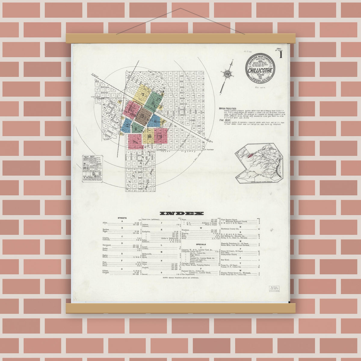 Old map wall art mockup — magnetic wood frame on brick wall — Sanborn Fire Insurance Map from Chillicothe, Hardeman County, Texas (1921), Sheet #0001