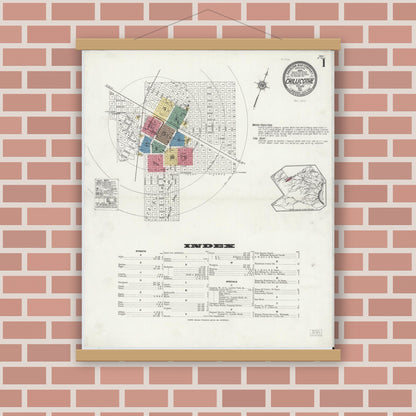 Old map wall art mockup — magnetic wood frame on brick wall — Sanborn Fire Insurance Map from Chillicothe, Hardeman County, Texas (1921), Sheet #0001