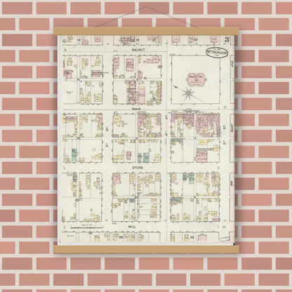 Old map wall art mockup — magnetic wood frame on brick wall — Sanborn Fire Insurance Map from Mount Vernon, Posey County, Indiana (1887), Sheet #0003