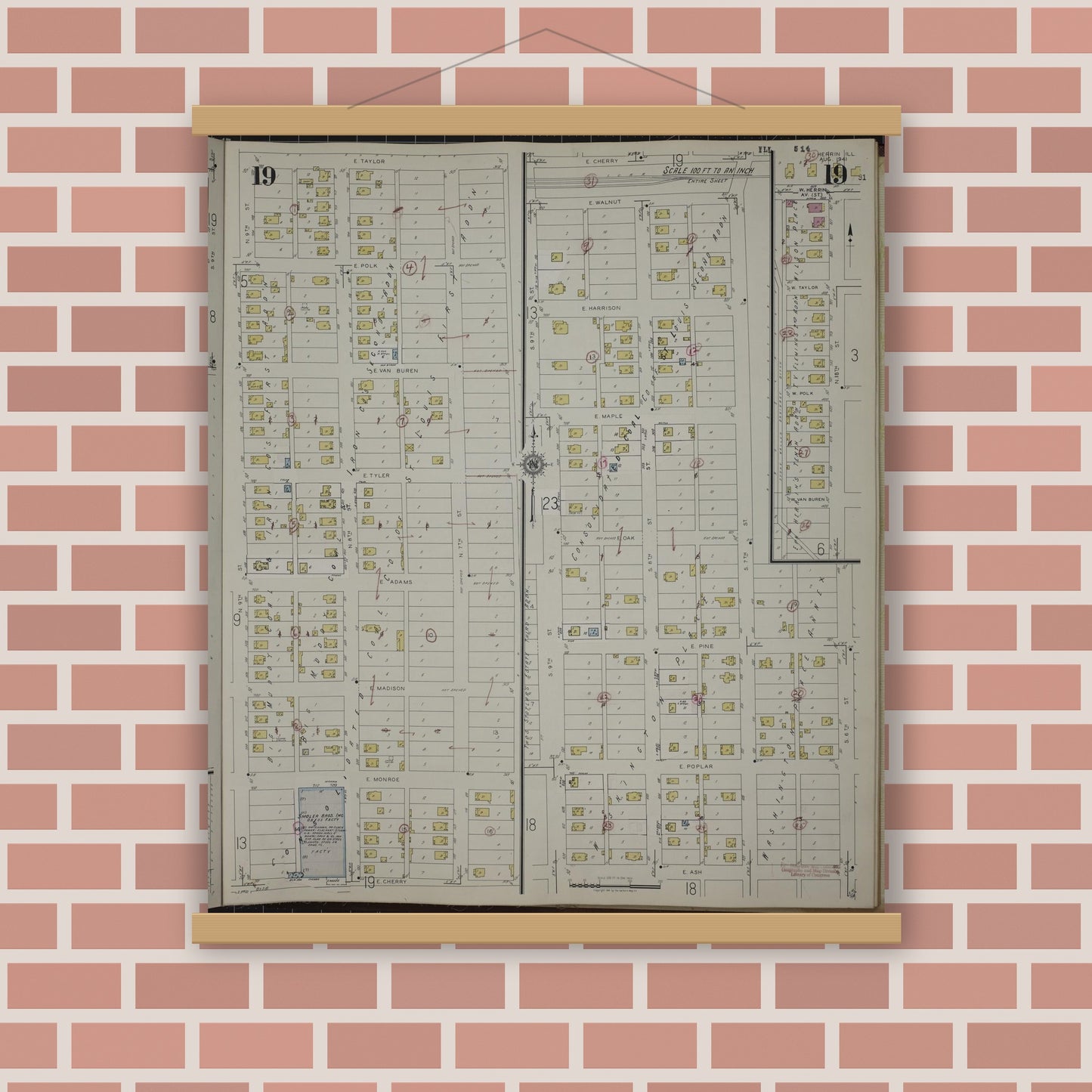 Old map wall art mockup — magnetic wood frame on brick wall — Sanborn Fire Insurance Map from Herrin, Williamson County, Illinois (1947), Sheet #0019