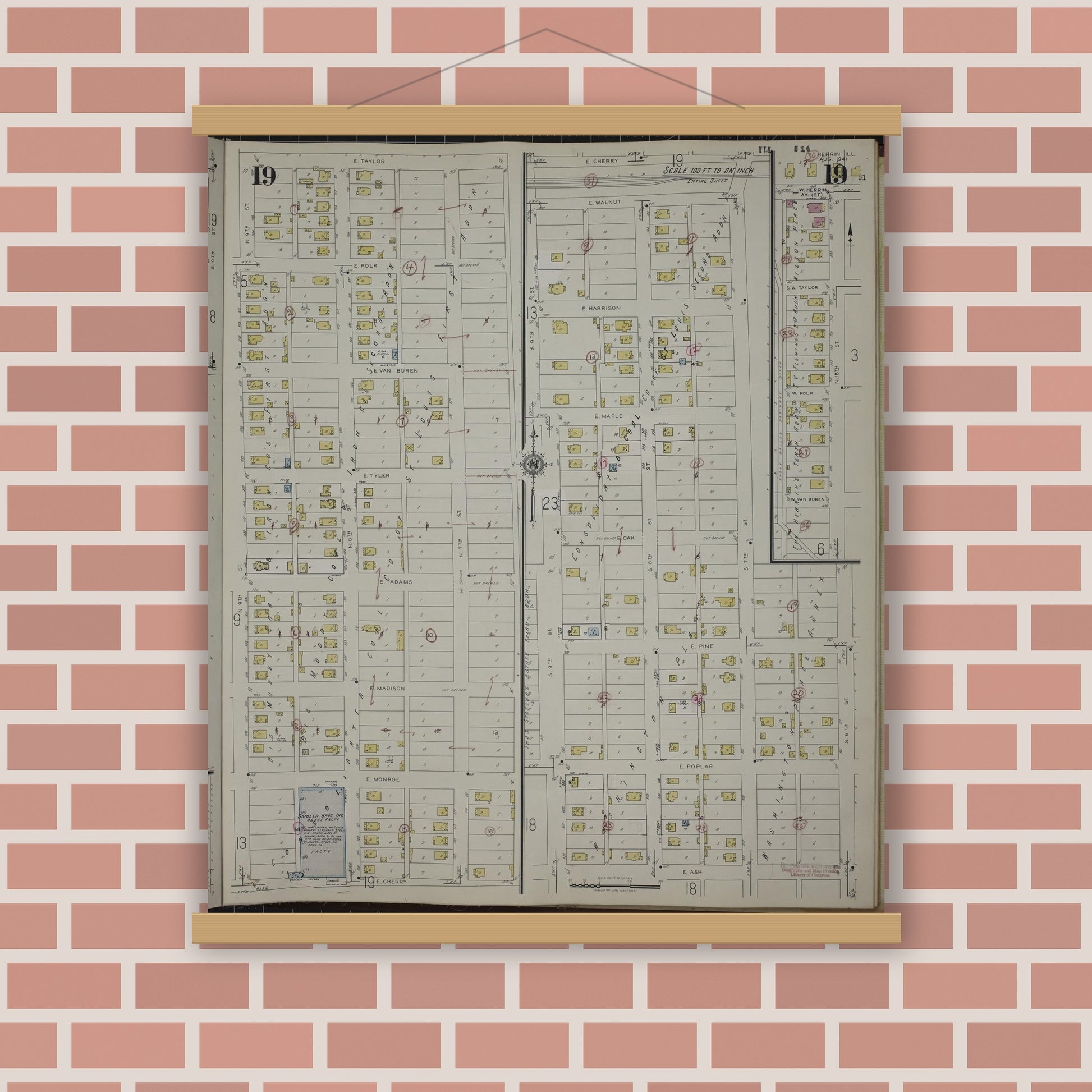 Old map wall art mockup — magnetic wood frame on brick wall — Sanborn Fire Insurance Map from Herrin, Williamson County, Illinois (1947), Sheet #0019