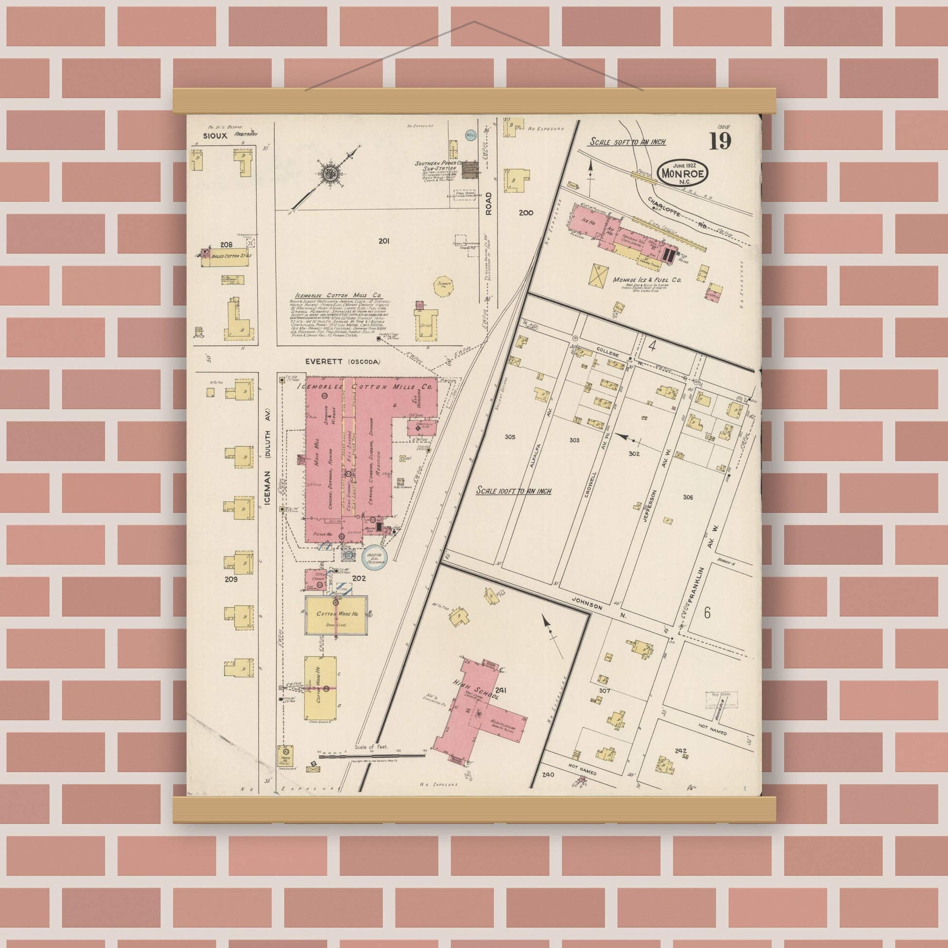 Old map wall art mockup — magnetic wood frame on brick wall — Sanborn Fire Insurance Map from Monroe, Union County, North Carolina (1922), Sheet #0019
