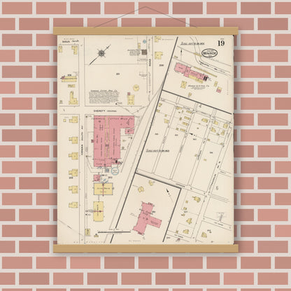 Old map wall art mockup — magnetic wood frame on brick wall — Sanborn Fire Insurance Map from Monroe, Union County, North Carolina (1922), Sheet #0019