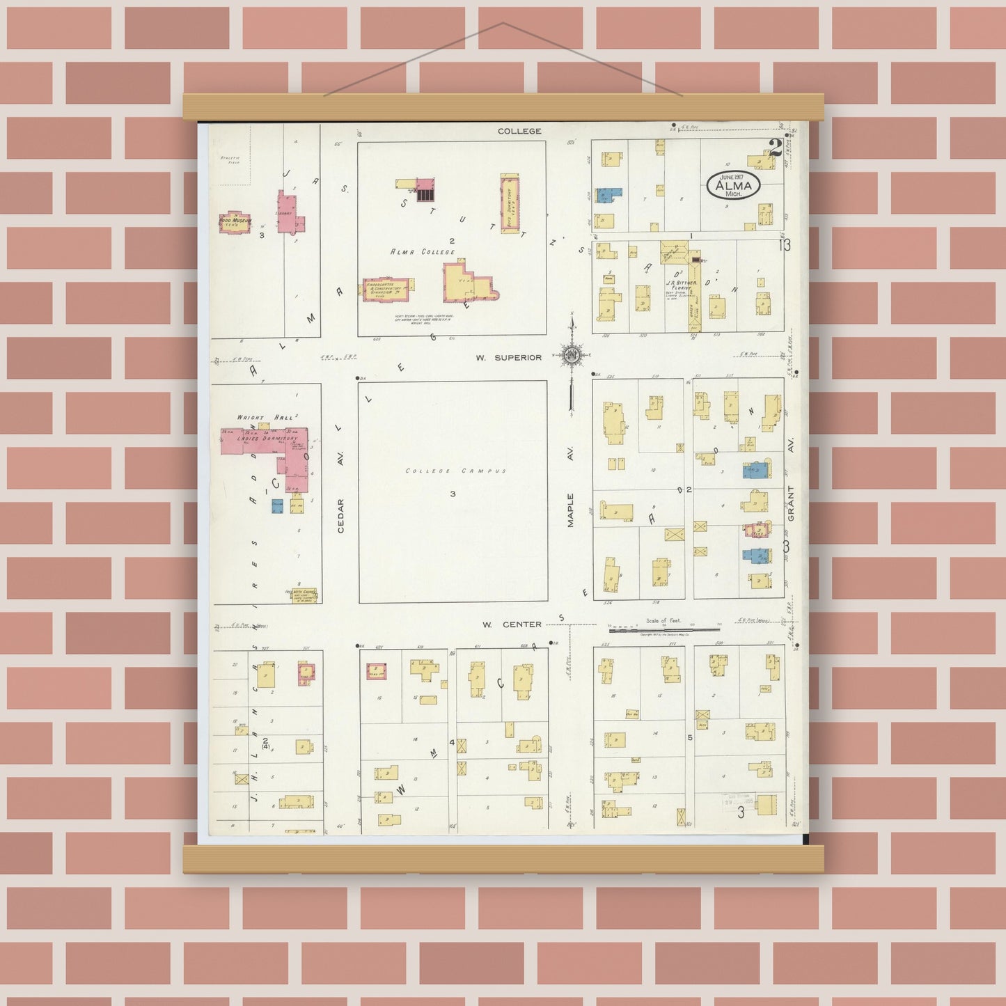 Old map wall art mockup — magnetic wood frame on brick wall — Sanborn Fire Insurance Map from Alma, Gratiot County, Michigan (1917), Sheet #0002