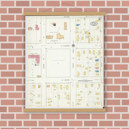 Old map wall art mockup — magnetic wood frame on brick wall — Sanborn Fire Insurance Map from Alma, Gratiot County, Michigan (1917), Sheet #0002