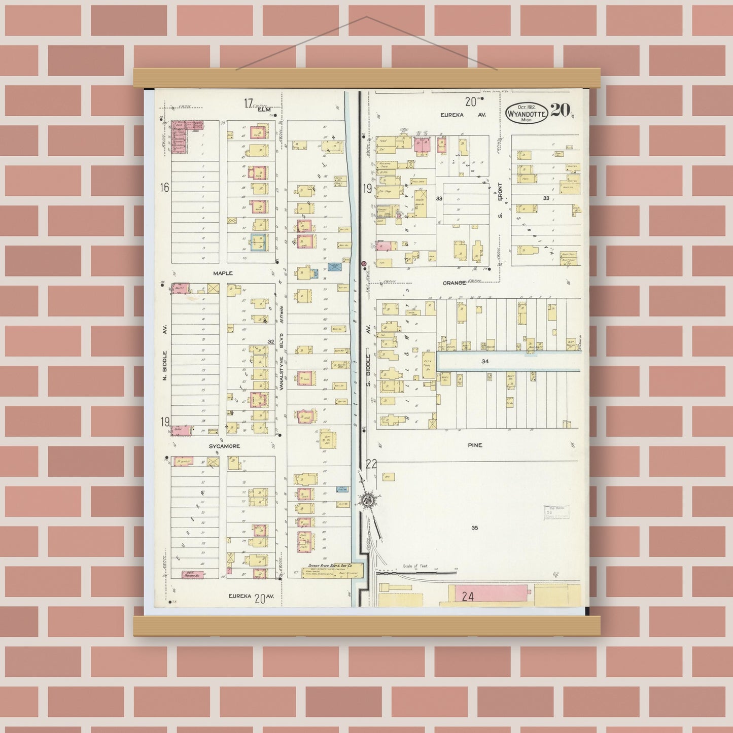 Old map wall art mockup — magnetic wood frame on brick wall — Sanborn Fire Insurance Map from Wyandotte, Wayne County, Michigan (1912), Sheet #0020