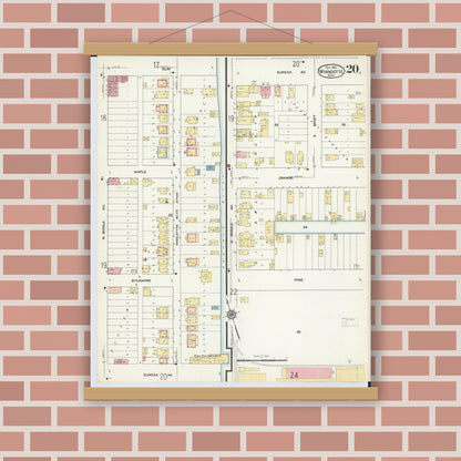 Old map wall art mockup — magnetic wood frame on brick wall — Sanborn Fire Insurance Map from Wyandotte, Wayne County, Michigan (1912), Sheet #0020