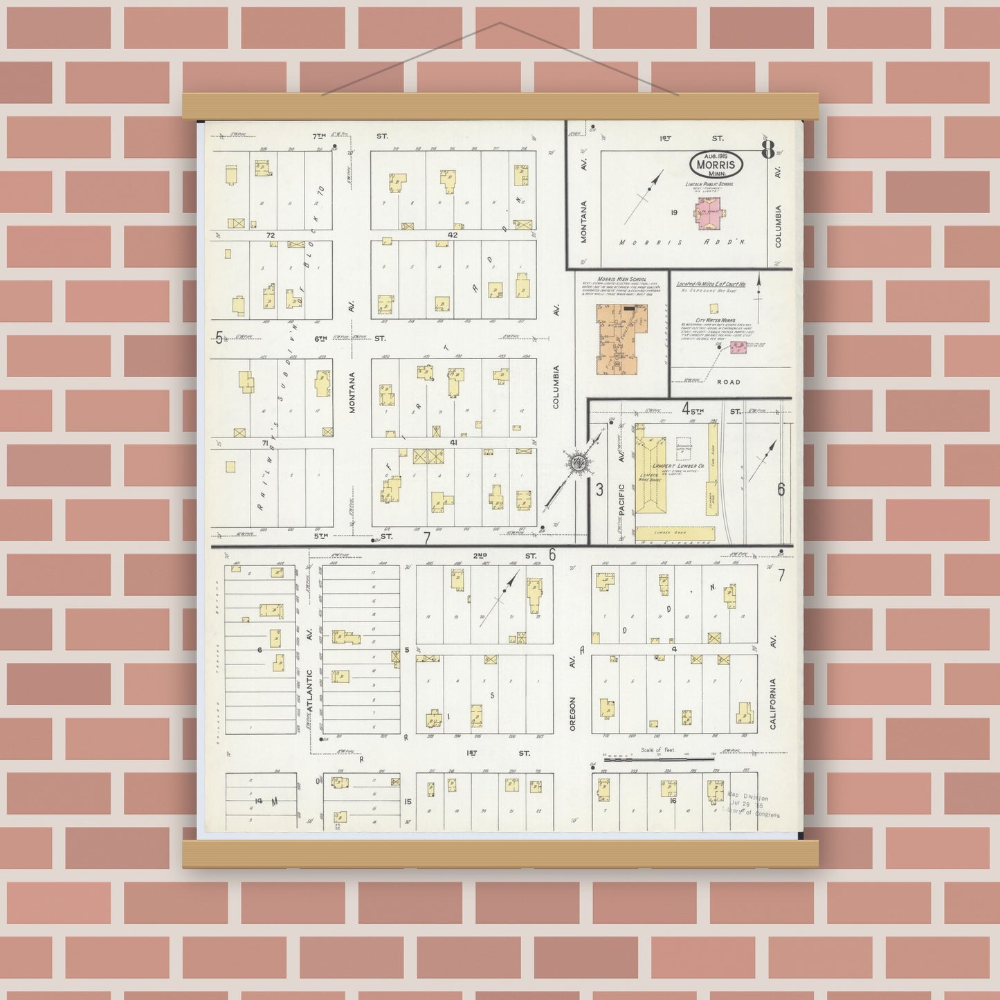 Old map wall art mockup — magnetic wood frame on brick wall — Sanborn Fire Insurance Map from Morris, Stevens County, Minnesota (1915), Sheet #0008