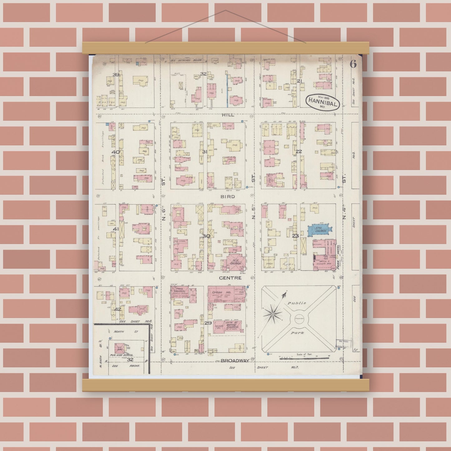 Old map wall art mockup — magnetic wood frame on brick wall — Sanborn Fire Insurance Map from Hannibal, Marion County, Missouri (1885), Sheet #0006
