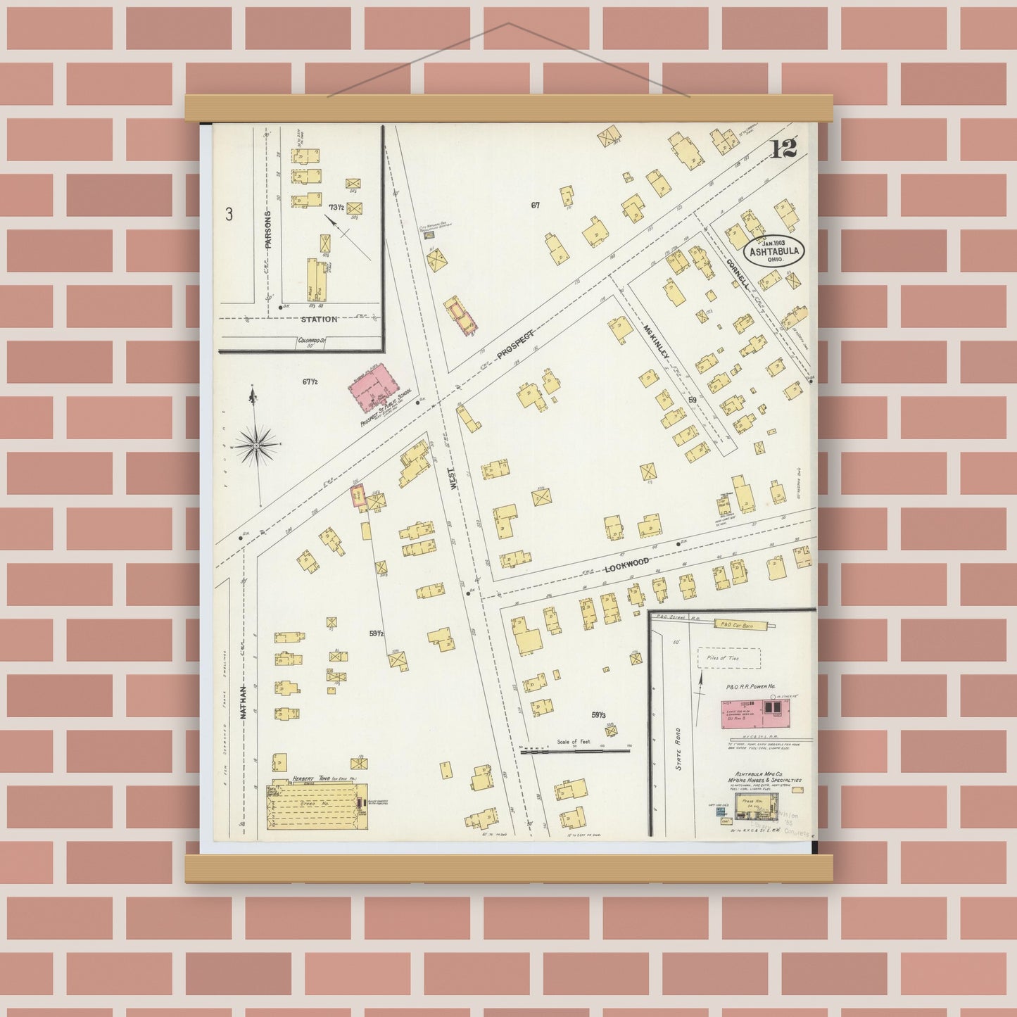 Old map wall art mockup — magnetic wood frame on brick wall — Sanborn Fire Insurance Map from Ashtabula, Ashtabula County, Ohio (1903), Sheet #0012