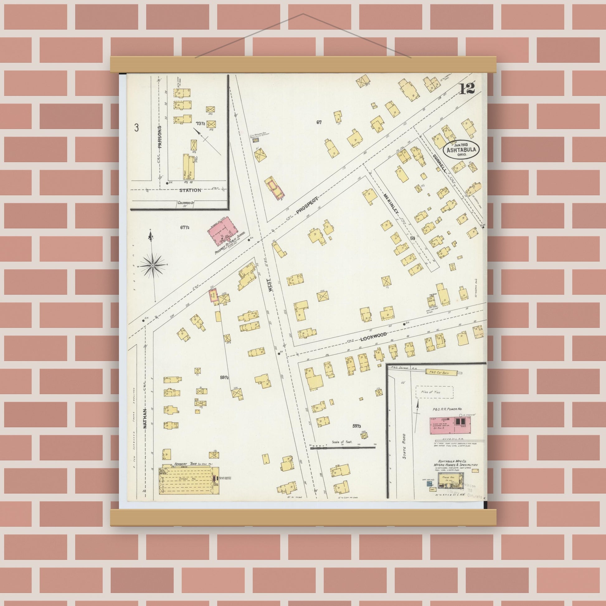 Old map wall art mockup — magnetic wood frame on brick wall — Sanborn Fire Insurance Map from Ashtabula, Ashtabula County, Ohio (1903), Sheet #0012