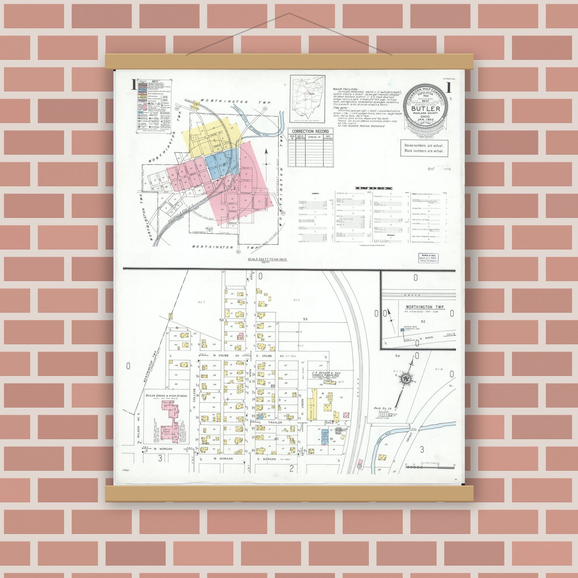 Old map wall art mockup — magnetic wood frame on brick wall — Sanborn Fire Insurance Map from Butler, Richland County, Ohio (1950), Sheet #0001