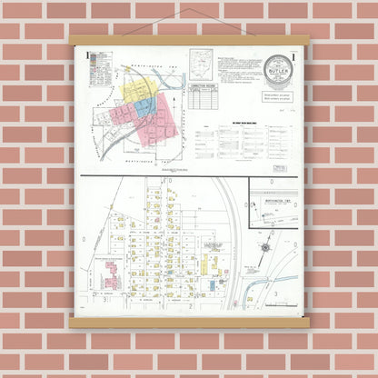 Old map wall art mockup — magnetic wood frame on brick wall — Sanborn Fire Insurance Map from Butler, Richland County, Ohio (1950), Sheet #0001