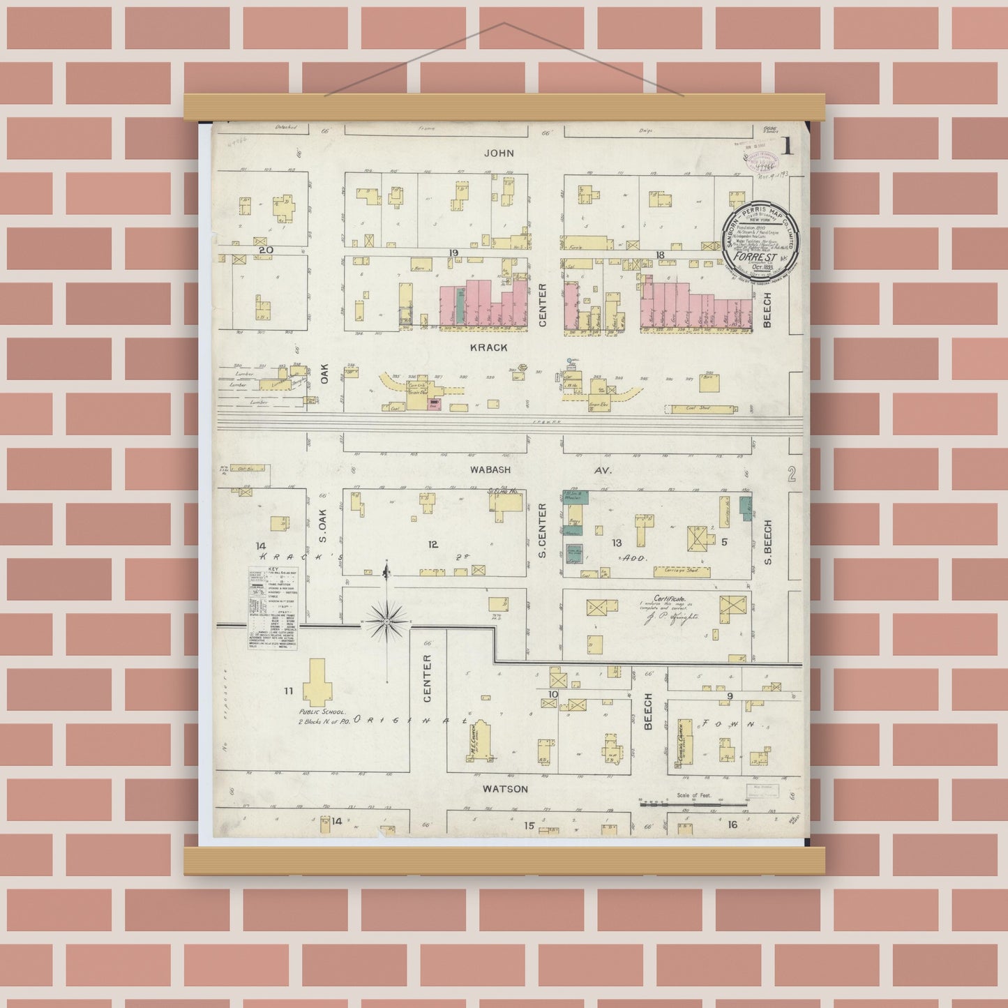 Old map wall art mockup — magnetic wood frame on brick wall — Sanborn Fire Insurance Map from Forrest, Livingston County, Illinois (1893), Sheet #0001