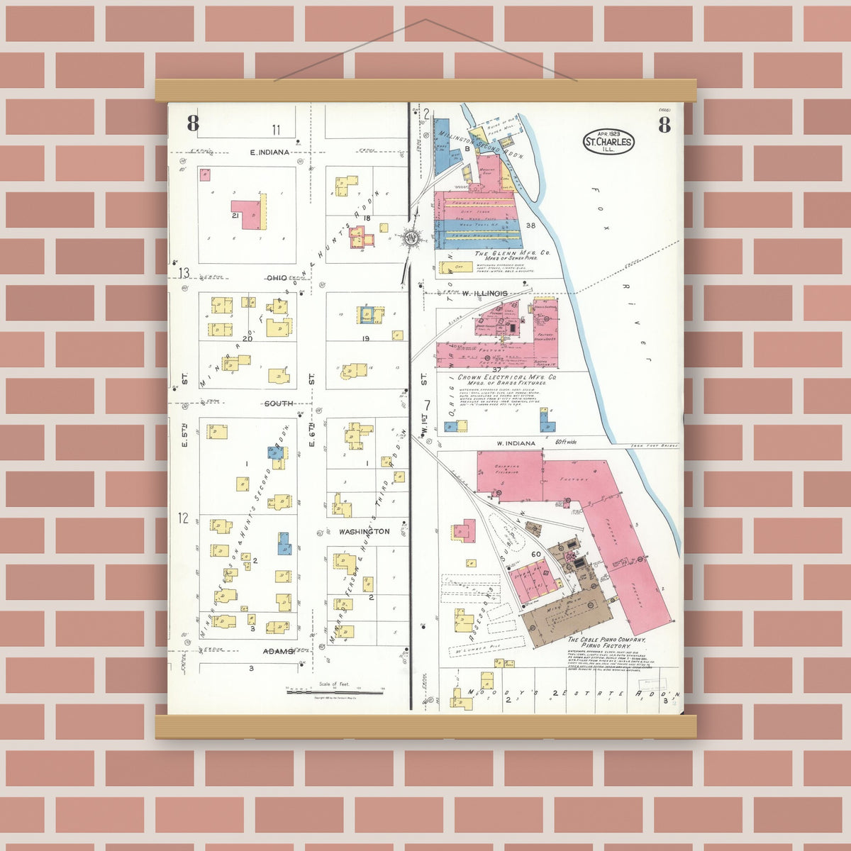 Old map wall art mockup — magnetic wood frame on brick wall — Sanborn Fire Insurance Map from Saint Charles, Kane County, Illinois (1923), Sheet #0008