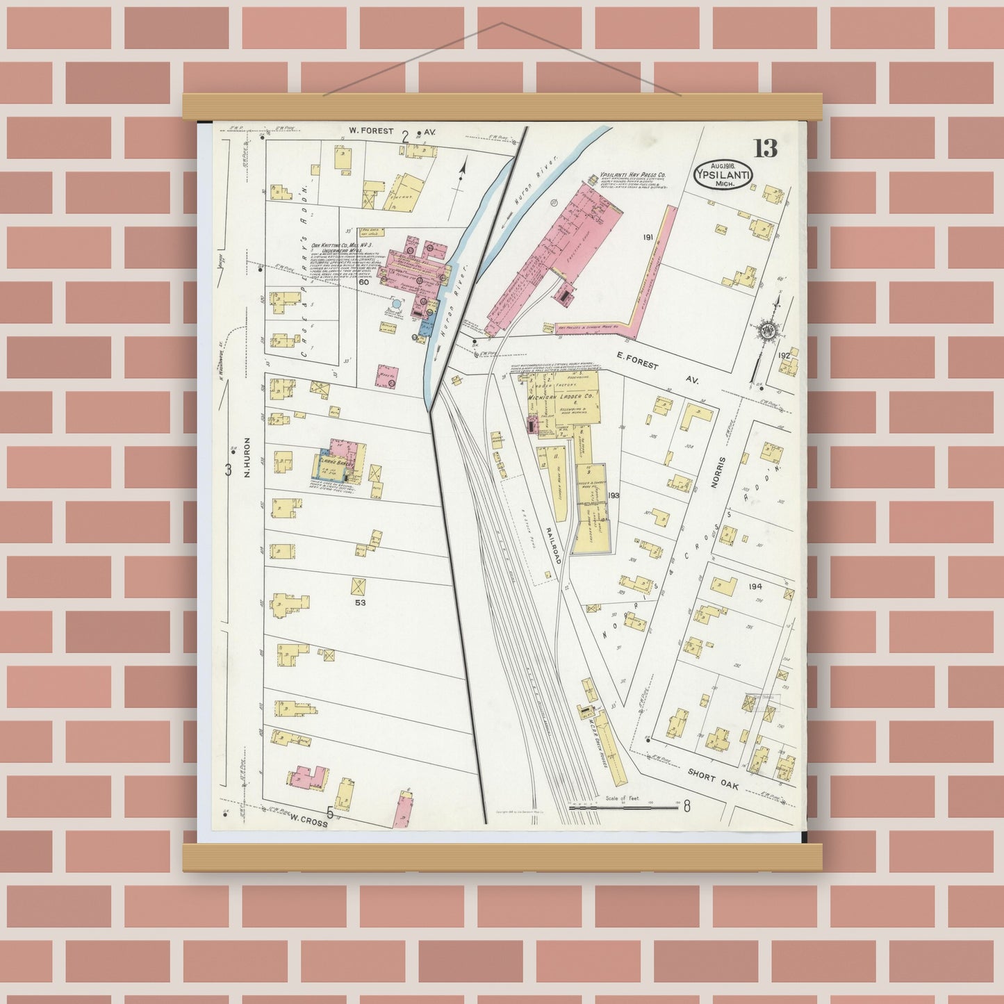 Old map wall art mockup — magnetic wood frame on brick wall — Sanborn Fire Insurance Map from Ypsilanti, Washtenaw County, Michigan (1916), Sheet #0013