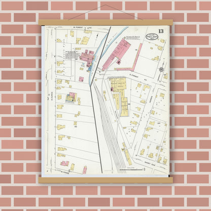 Old map wall art mockup — magnetic wood frame on brick wall — Sanborn Fire Insurance Map from Ypsilanti, Washtenaw County, Michigan (1916), Sheet #0013