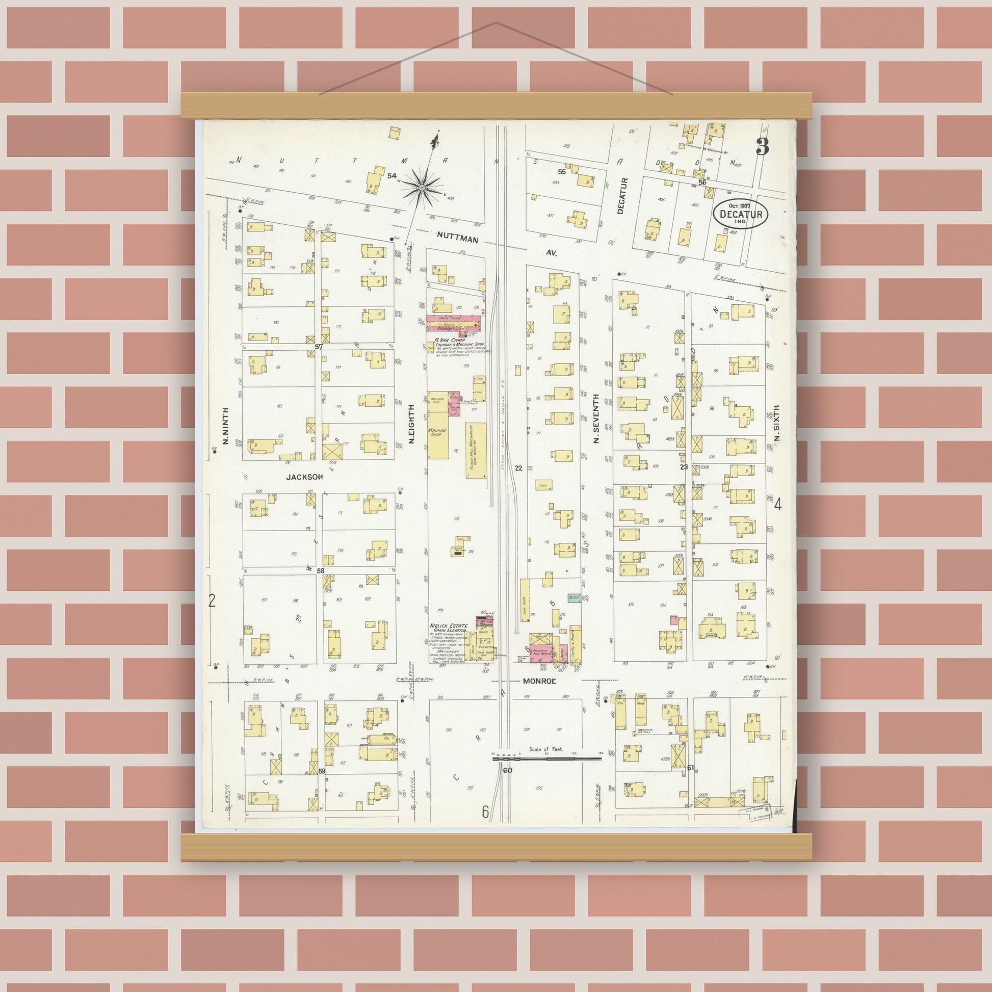 Old map wall art mockup — magnetic wood frame on brick wall — Sanborn Fire Insurance Map from Decatur, Adams County, Indiana (1907), Sheet #0003