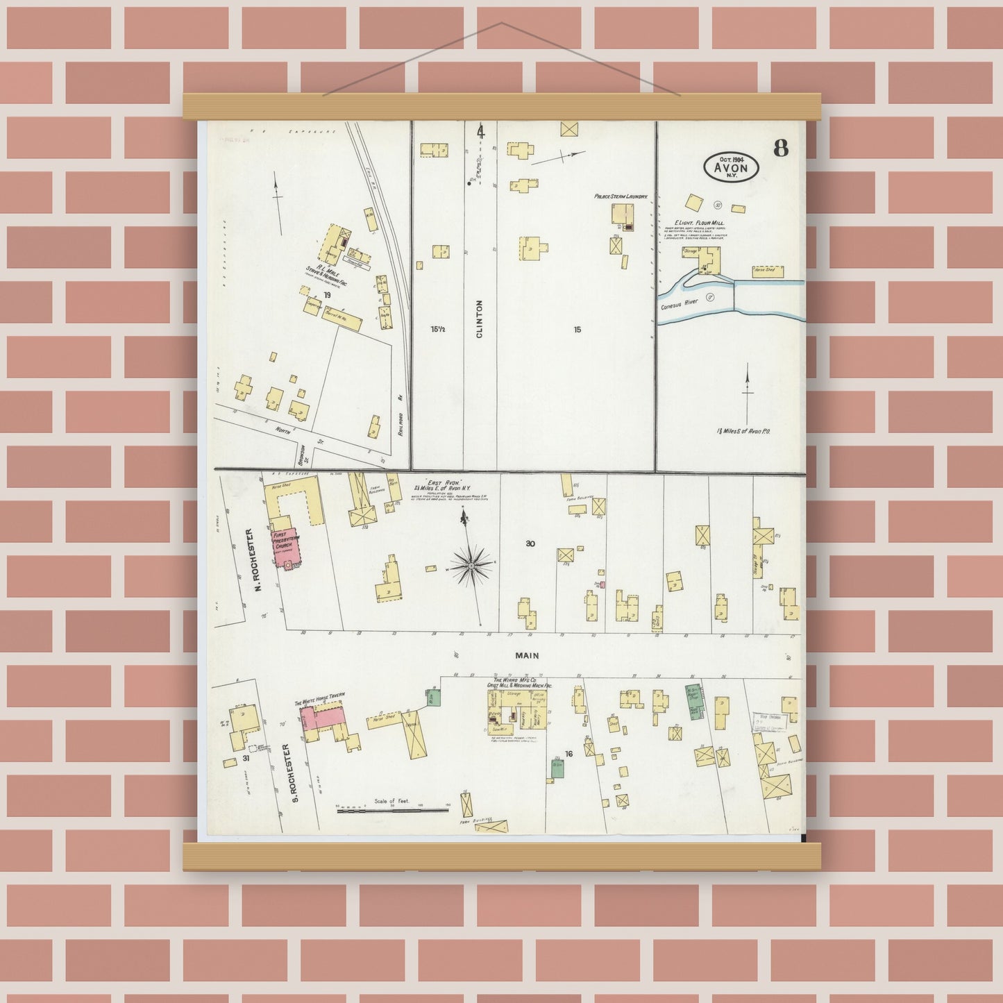 Old map wall art mockup — magnetic wood frame on brick wall — Sanborn Fire Insurance Map from Avon, Livingston County, New York (1904), Sheet #0008