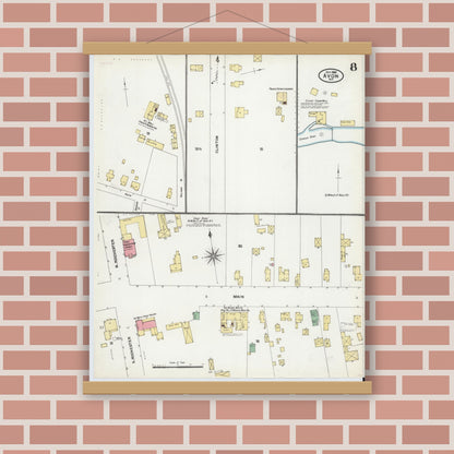 Old map wall art mockup — magnetic wood frame on brick wall — Sanborn Fire Insurance Map from Avon, Livingston County, New York (1904), Sheet #0008
