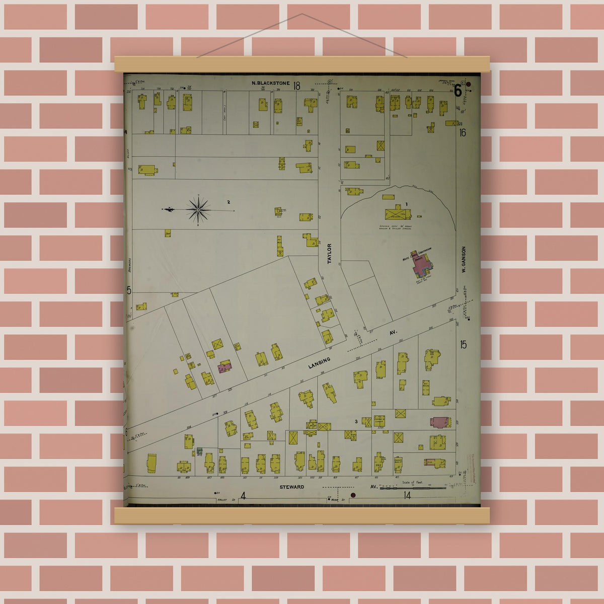 Old map wall art mockup — magnetic wood frame on brick wall — Sanborn Fire Insurance Map from Jackson, Jackson County, Michigan (1907), Sheet #0006