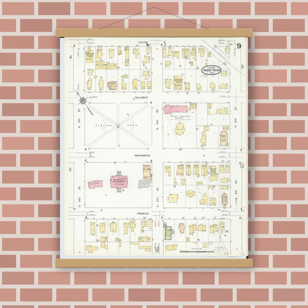Old map wall art mockup — magnetic wood frame on brick wall — Sanborn Fire Insurance Map from Grand Haven, Ottawa County, Michigan (1912), Sheet #0009