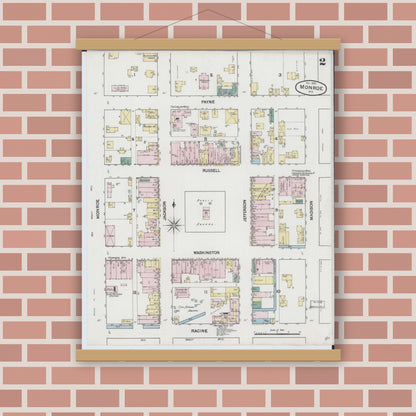 Old map wall art mockup — magnetic wood frame on brick wall — Sanborn Fire Insurance Map from Monroe, Green County, Wisconsin (1889), Sheet #0002