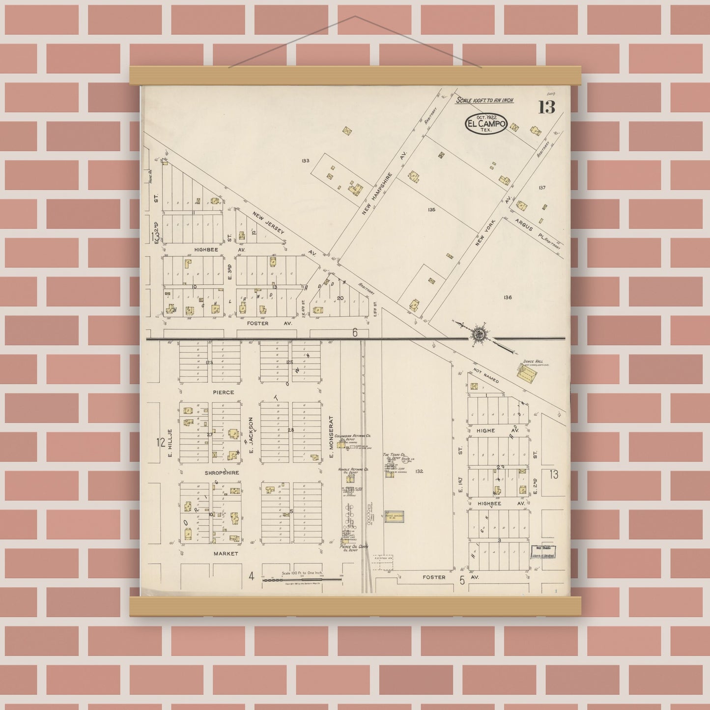 Old map wall art mockup — magnetic wood frame on brick wall — Sanborn Fire Insurance Map from El Campo, Wharton County, Texas (1922), Sheet #0013