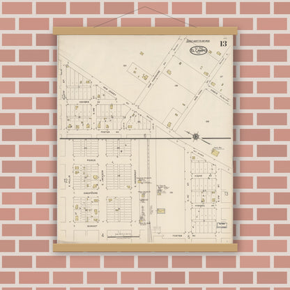 Old map wall art mockup — magnetic wood frame on brick wall — Sanborn Fire Insurance Map from El Campo, Wharton County, Texas (1922), Sheet #0013