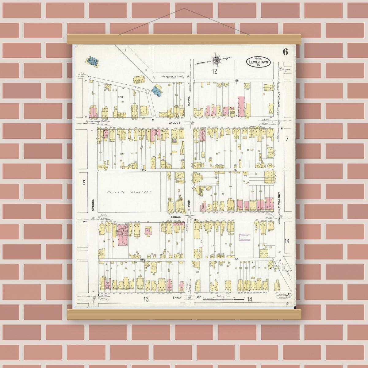 Old map wall art mockup — magnetic wood frame on brick wall — Sanborn Fire Insurance Map from Lewistown, Mifflin County, Pennsylvania (1910), Sheet #0006