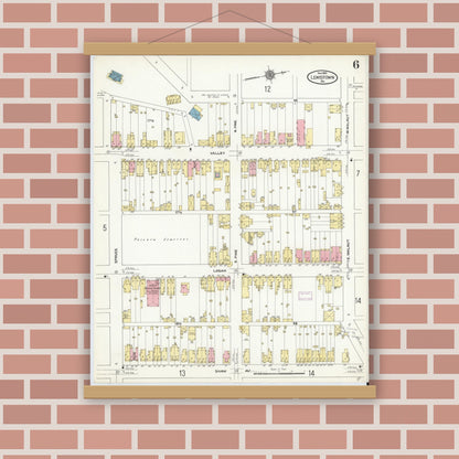 Old map wall art mockup — magnetic wood frame on brick wall — Sanborn Fire Insurance Map from Lewistown, Mifflin County, Pennsylvania (1910), Sheet #0006