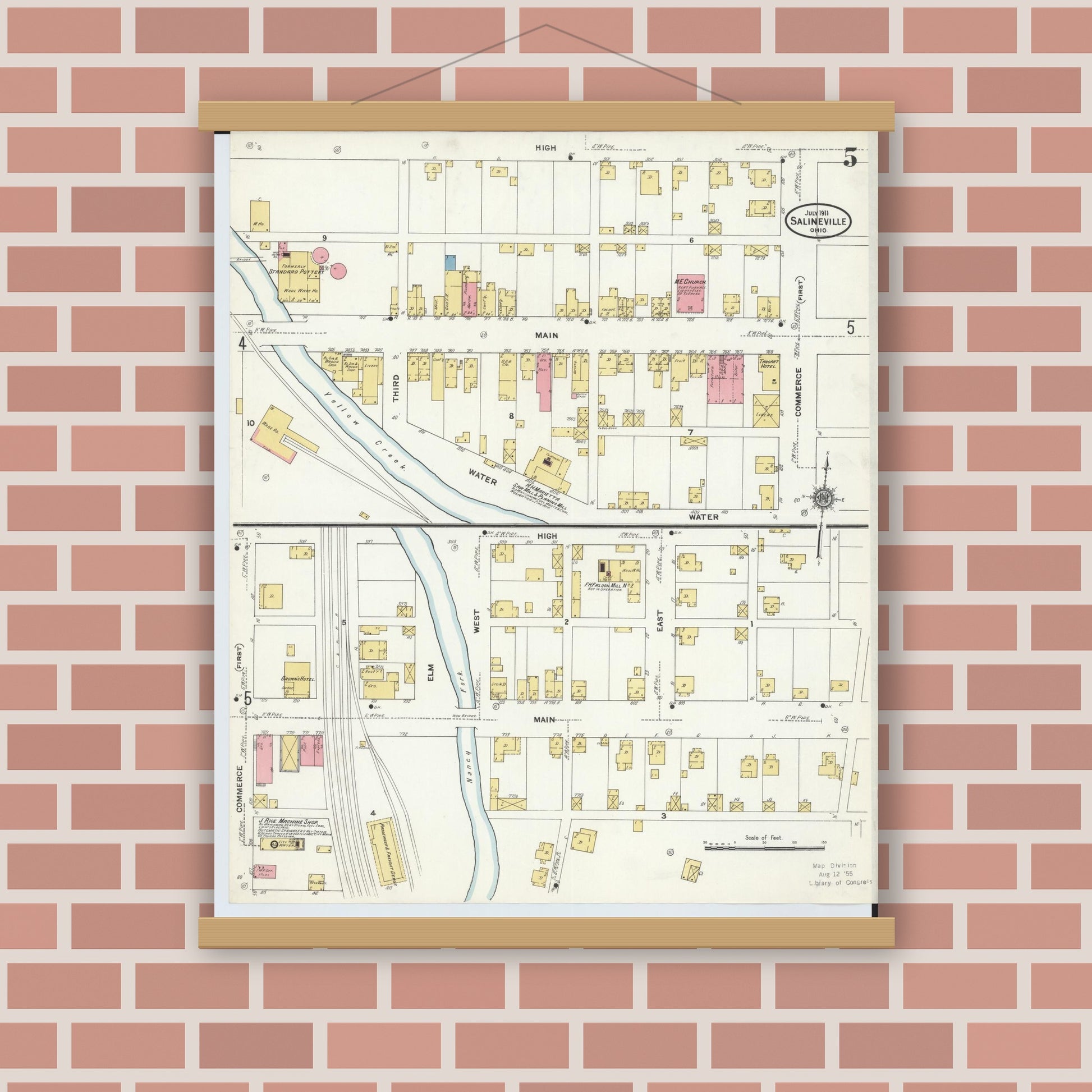Old map wall art mockup — magnetic wood frame on brick wall — Sanborn Fire Insurance Map from Salineville, Columbiana County, Ohio (1911), Sheet #0005