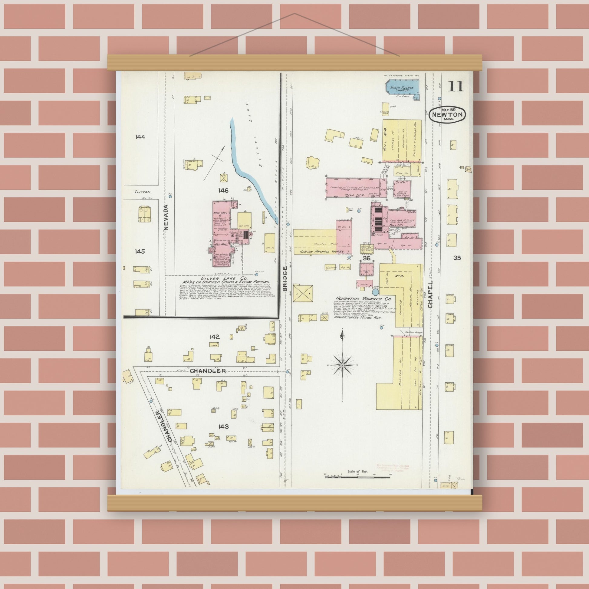 Old map wall art mockup — magnetic wood frame on brick wall — Sanborn Fire Insurance Map from Newton, Middlesex County, Massachusetts (1892), Sheet #0011