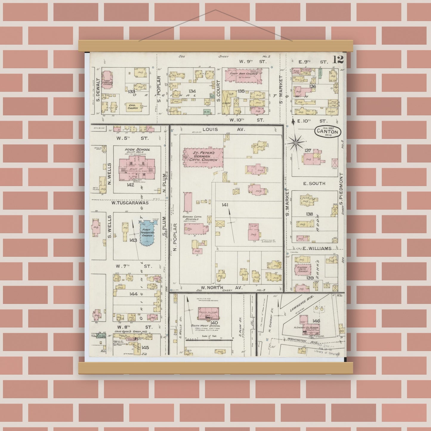 Old map wall art mockup — magnetic wood frame on brick wall — Sanborn Fire Insurance Map from Canton, Stark County, Ohio (1887), Sheet #0012