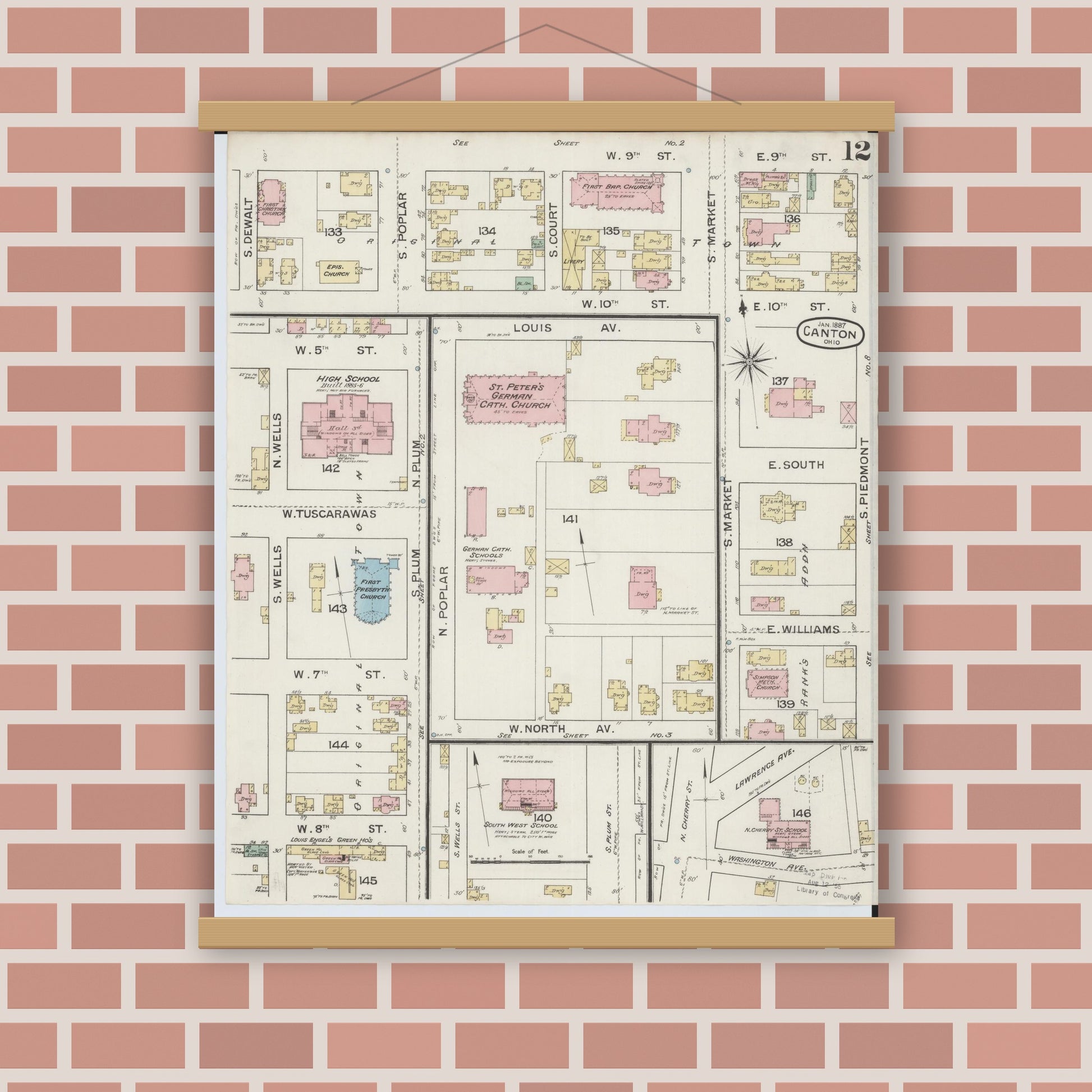 Old map wall art mockup — magnetic wood frame on brick wall — Sanborn Fire Insurance Map from Canton, Stark County, Ohio (1887), Sheet #0012