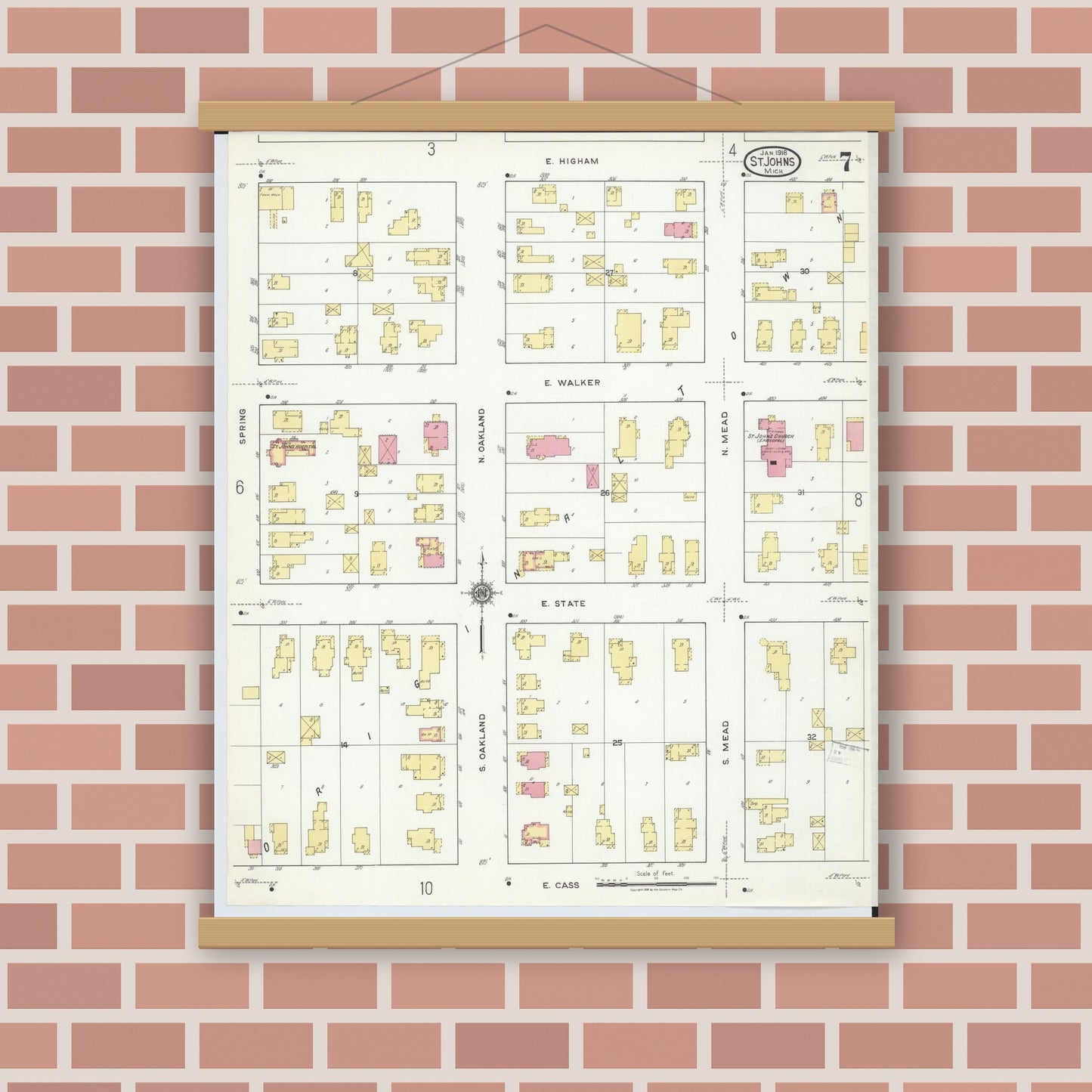 Old map wall art mockup — magnetic wood frame on brick wall — Sanborn Fire Insurance Map from Saint Johns, Clinton County, Michigan (1918), Sheet #0007