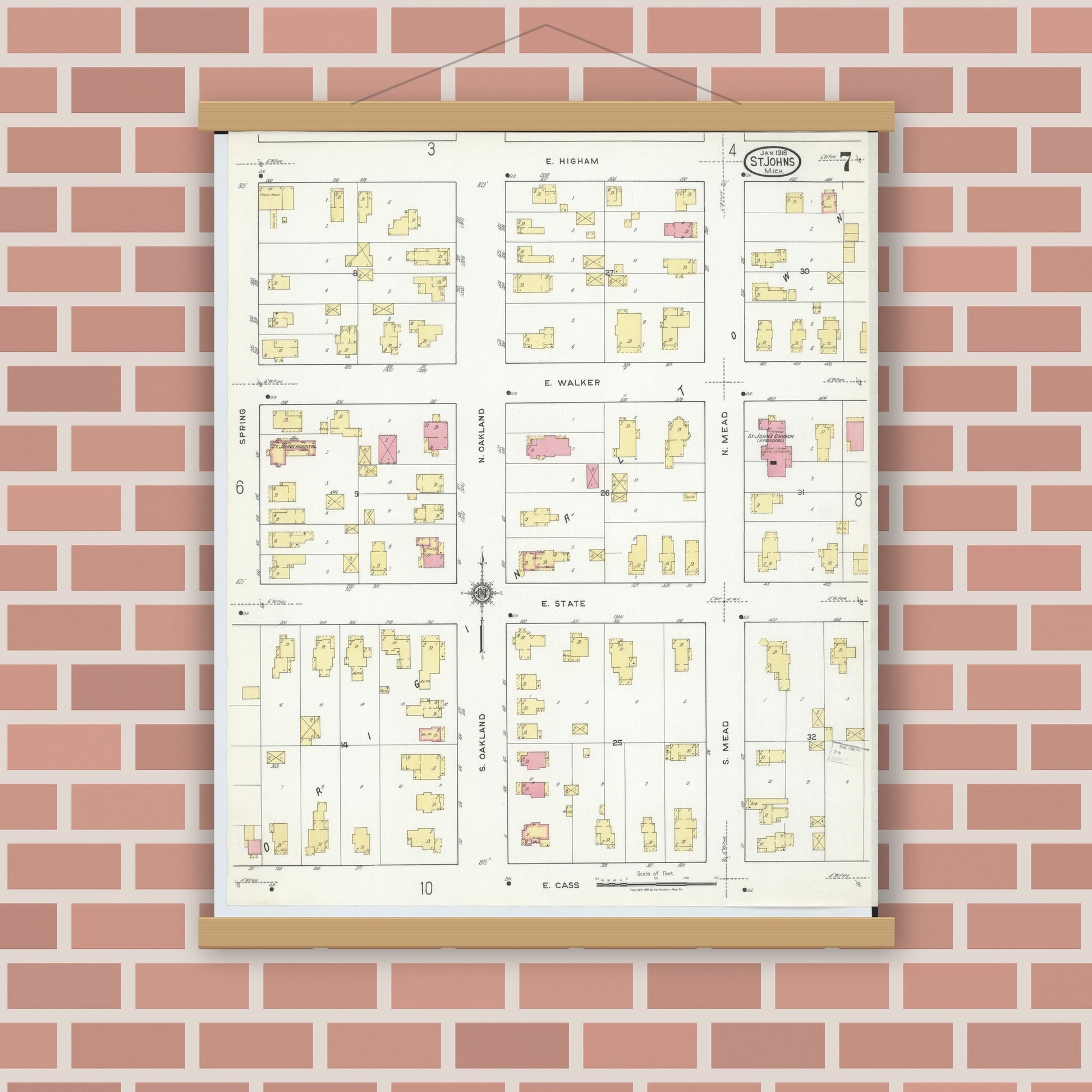 Old map wall art mockup — magnetic wood frame on brick wall — Sanborn Fire Insurance Map from Saint Johns, Clinton County, Michigan (1918), Sheet #0007
