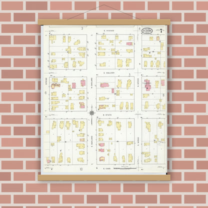 Old map wall art mockup — magnetic wood frame on brick wall — Sanborn Fire Insurance Map from Saint Johns, Clinton County, Michigan (1918), Sheet #0007