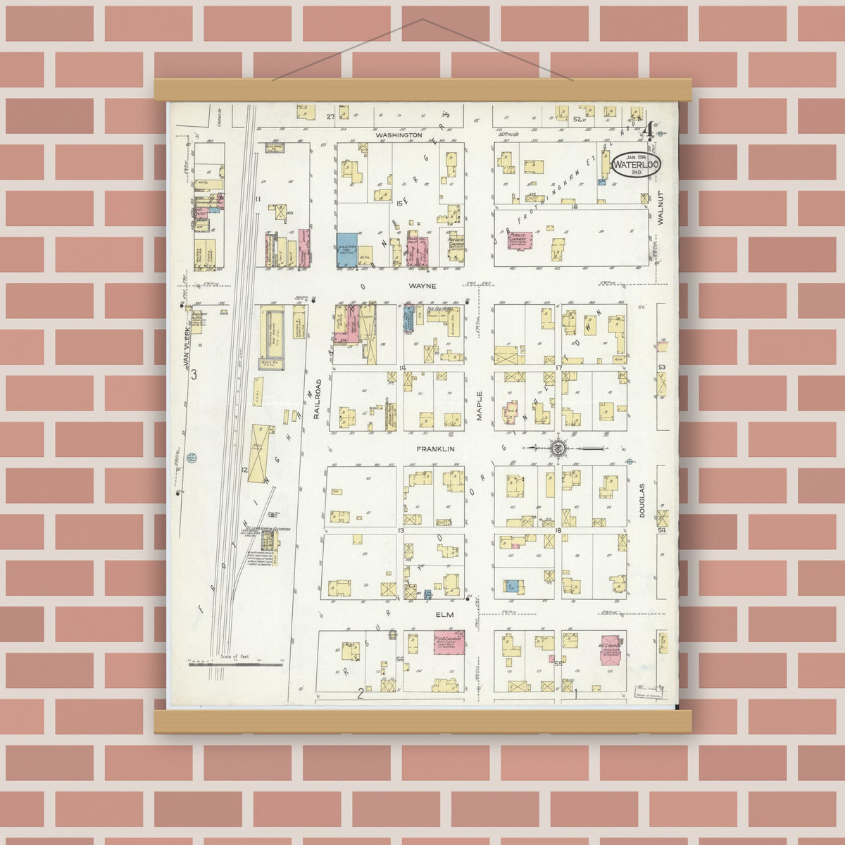 Old map wall art mockup — magnetic wood frame on brick wall — Sanborn Fire Insurance Map from Waterloo, De Kalb County, Indiana (1914), Sheet #0004