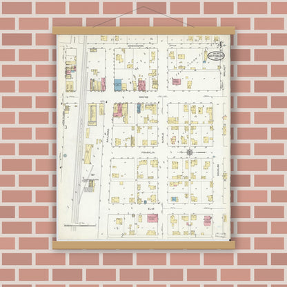 Old map wall art mockup — magnetic wood frame on brick wall — Sanborn Fire Insurance Map from Waterloo, De Kalb County, Indiana (1914), Sheet #0004
